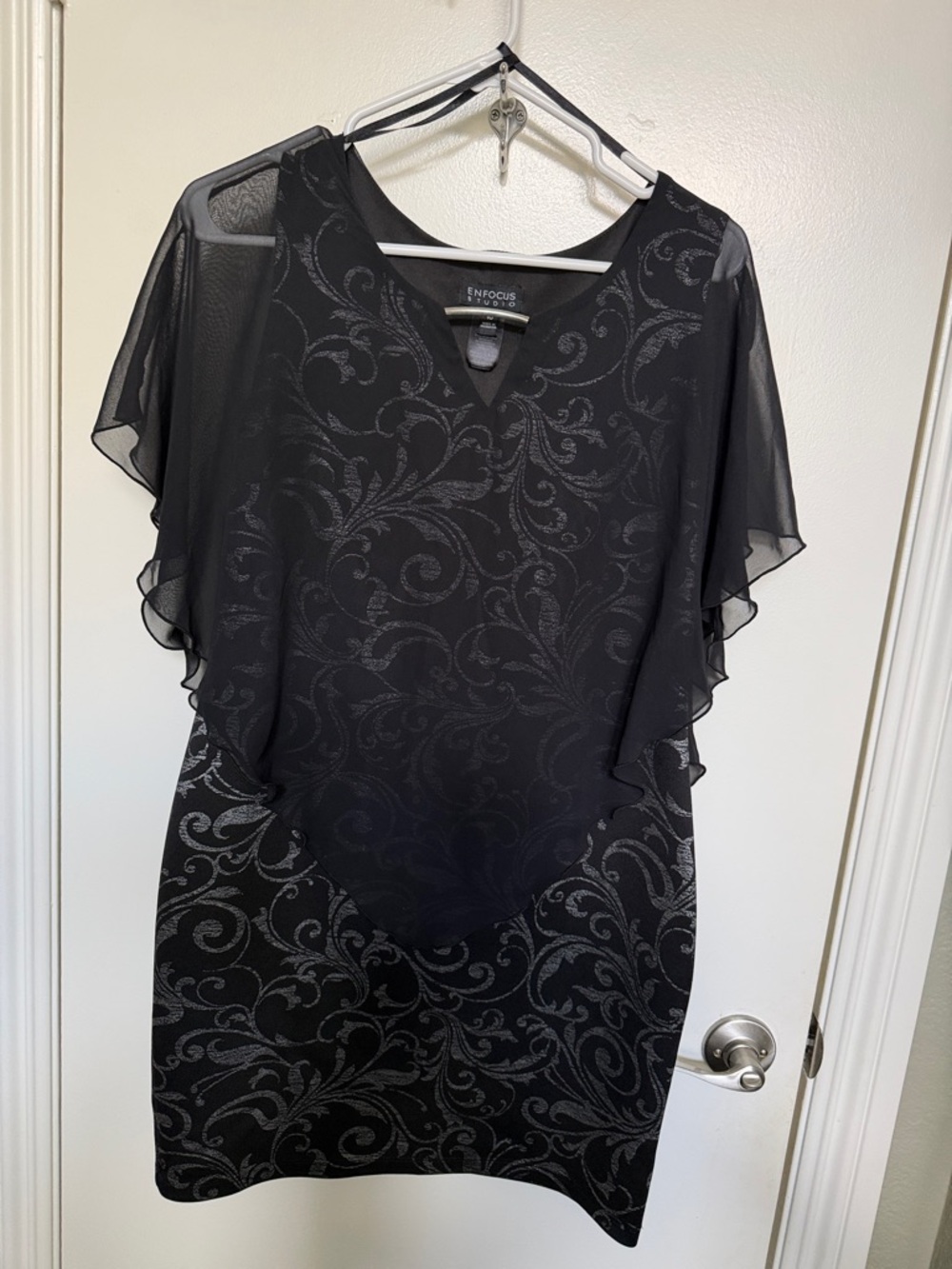 Enfocus Studio Black Sheer Flutter Overlay Dress with Silver Swirl